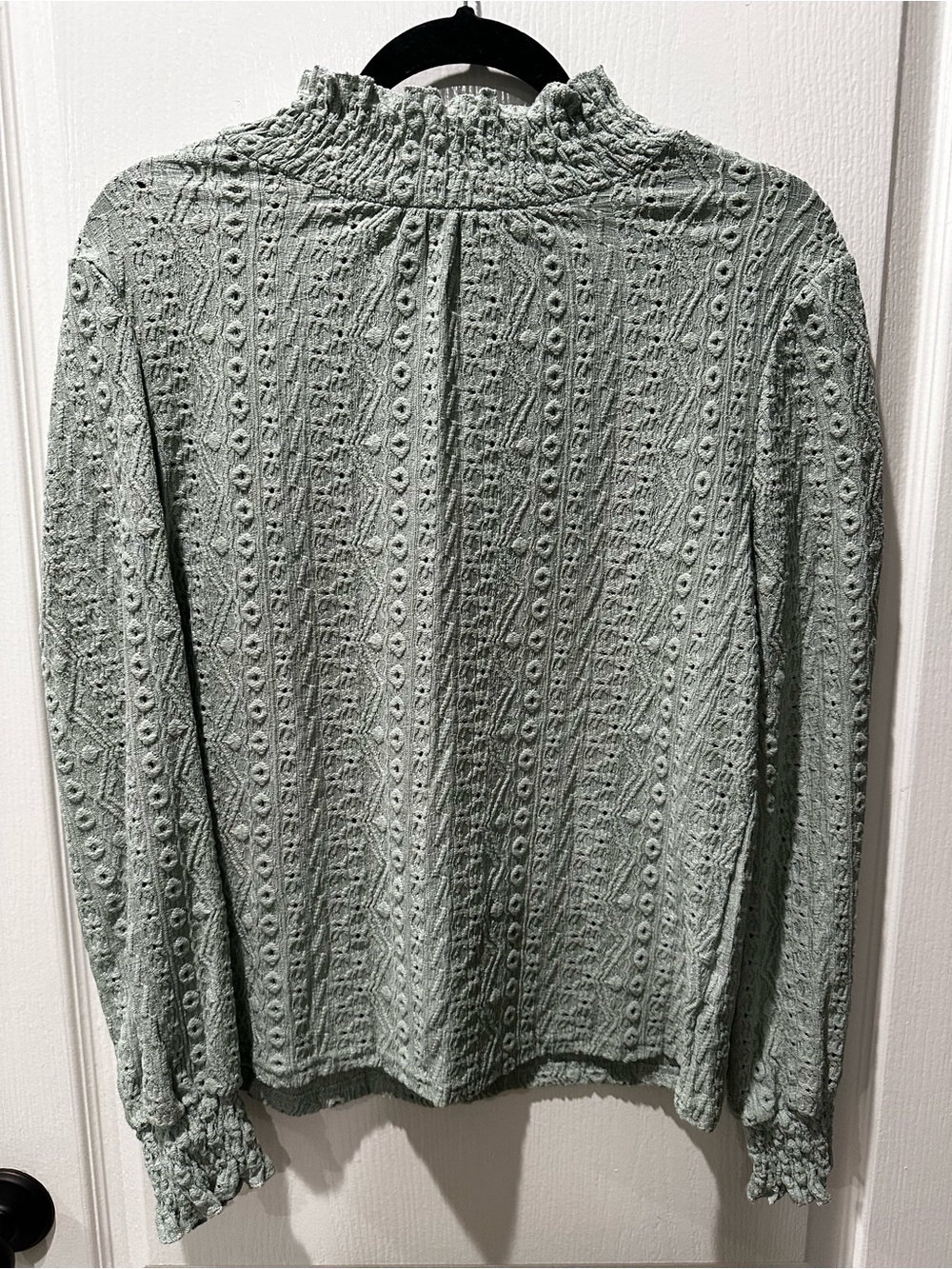 SHEIN Sage Green Eyelet Texture High Neck Blouse